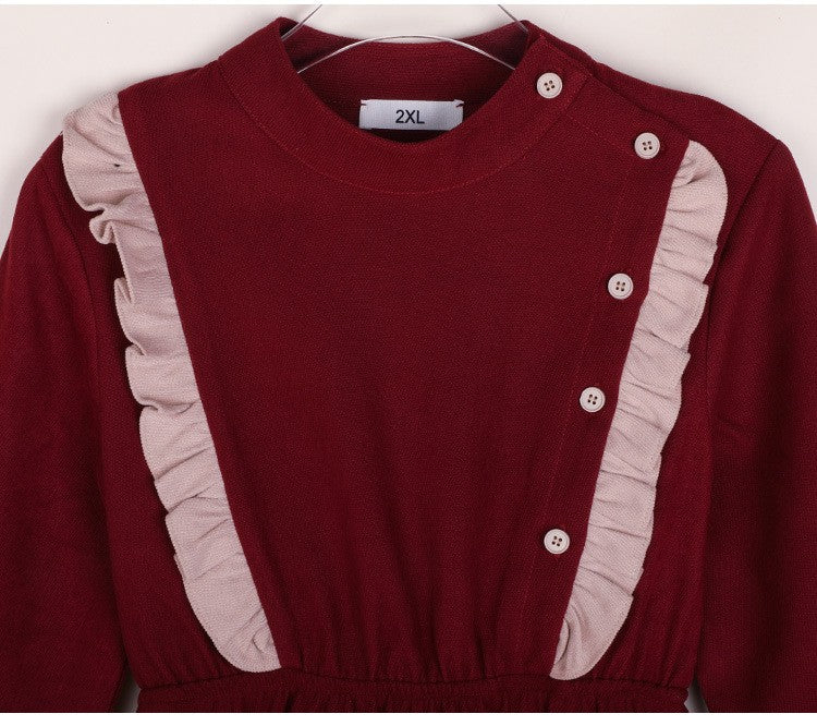 Girls' Dress New Style For  Children Stand Collar Waist-Cinching Slimming Mid-Length Dress Long Sleeve For Kids 5-12Y