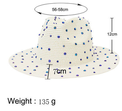 Hand made Diamond Straw Hat For Women's Summer Wide side Jazz Dress Cap Holiday Sun Protection Beach Hats