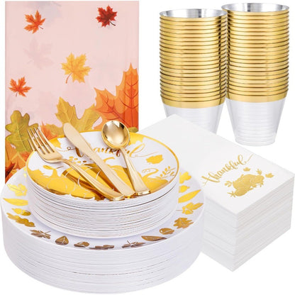 176Pcs Thanksgiving Plastic Plates Heavy Duty Thanksgiving Plates Thanksgiving Disposable Dinnerware Set include 50 Plates75 Si