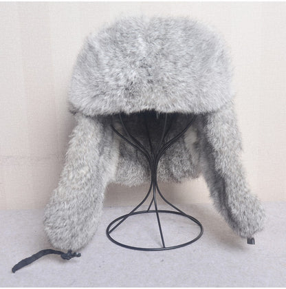 New Russia Winter Real fur Hat Men Outdoor Windproof Super Warm Real Rabbit Fur Bomber Hats Natural Soft Natural Rabbit Fur Caps