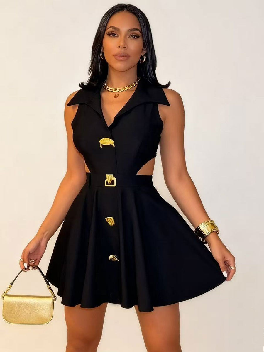 Sexy Hollow Out Sleeveless Dresses For Women Fashion Elegant Solid Lapel French Dress Summer Office A-line Robe Femme Black