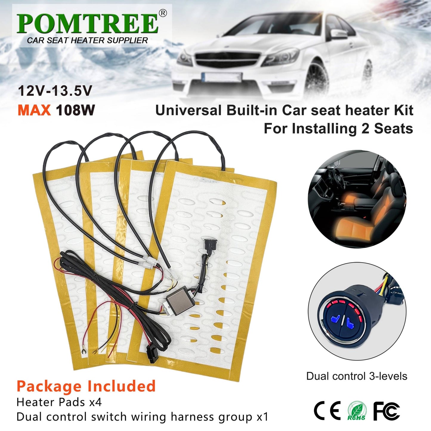 Conjunto Universal de Aquecedores de Assento de Carro Embutidos para 2 Assentos com Fio de Liga 12V Almofada de Aquecimento Rápido e Sistema de Interruptor de Controle Duplo de 3 Níveis