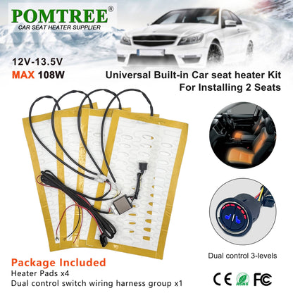 Conjunto Universal de Aquecedores de Assento de Carro Embutidos para 2 Assentos com Fio de Liga 12V Almofada de Aquecimento Rápido e Sistema de Interruptor de Controle Duplo de 3 Níveis