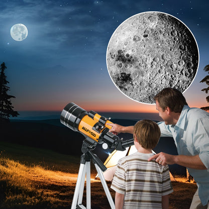 Telescópio Astronômico ALLFOCUS 150X, Telescópio Refrator Portátil de Viagem com Abertura de 70mm com Adaptador de Telefone e Controle Remoto Sem Fio