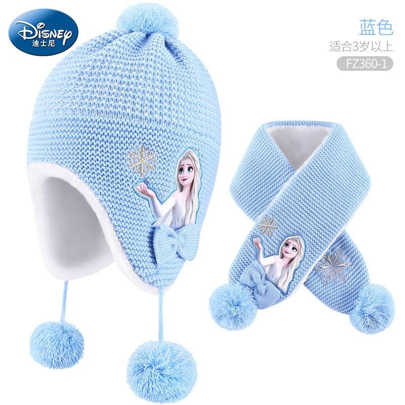 Disney Elsa Desenho Animado Bonito Chapéu e Cachecol de Estudante Criativo Kawaii Meninas Princesa Inverno Quente Conjunto de Três Peças Presente de Natal