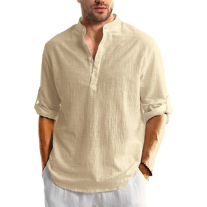 New Men's Linen Cotton Tshirts Long Sleeve Button Up Shirts Henley Beach Shirts Hawaiian T Shirts for Men Breathable Tops