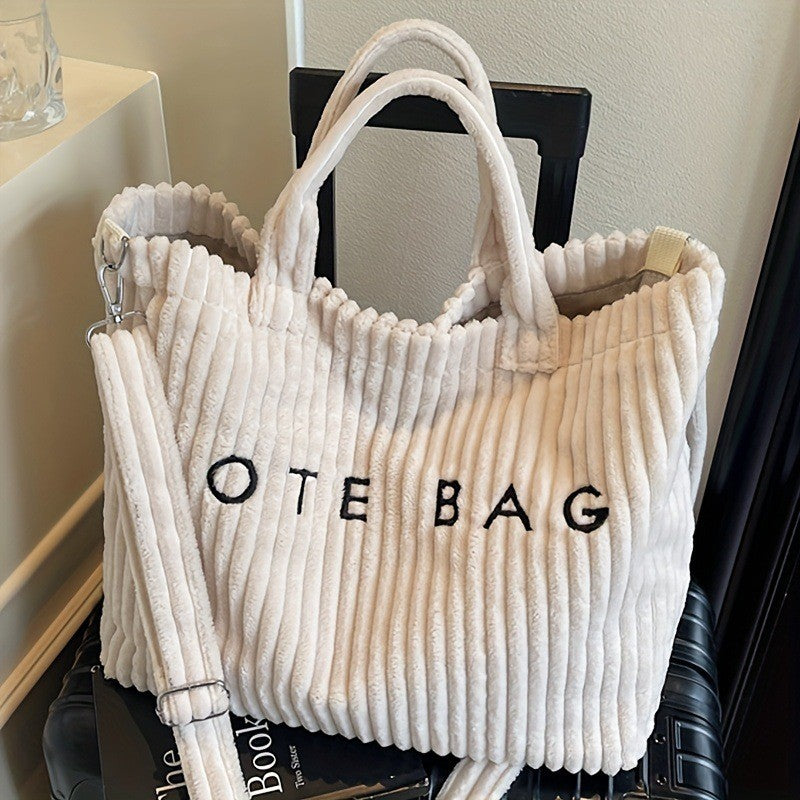 Large Capacity Striped Velvet Handbag Shoulder Bag for Woman Handbags Crossbody Bags, Versatile Letter Corduroy Women's Tote Bag