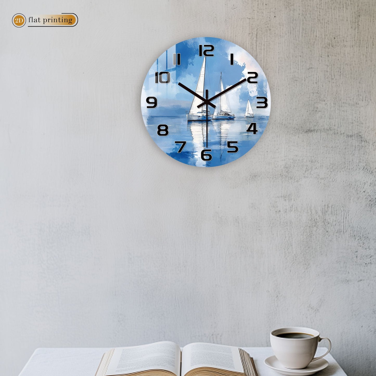 Sailboat Ocean Watercolor Wall Clock, Nautical Coastal Home Office Decor, Silent Quartz Movement Timekeeping Art