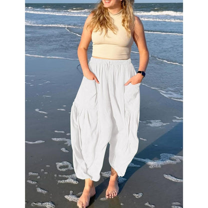 Women's Stretched-waist Pleated High-waisted Wide-leg Trousers Spring Autumn Fashion Cotton Linen Pocket Casual Trousers Woman