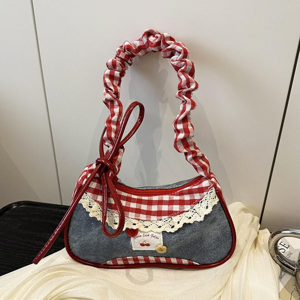 New Cute Checkered Handbags Sweet Lace Underarm Bag Bowknot Armpit Shoulder Crossbody Bag Y2k Fashion Casual Shoulder Bag