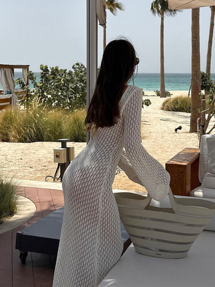 Sexy Women White Long Knit Sleeve Bikin Fashion Cover up Female See-Through Deep