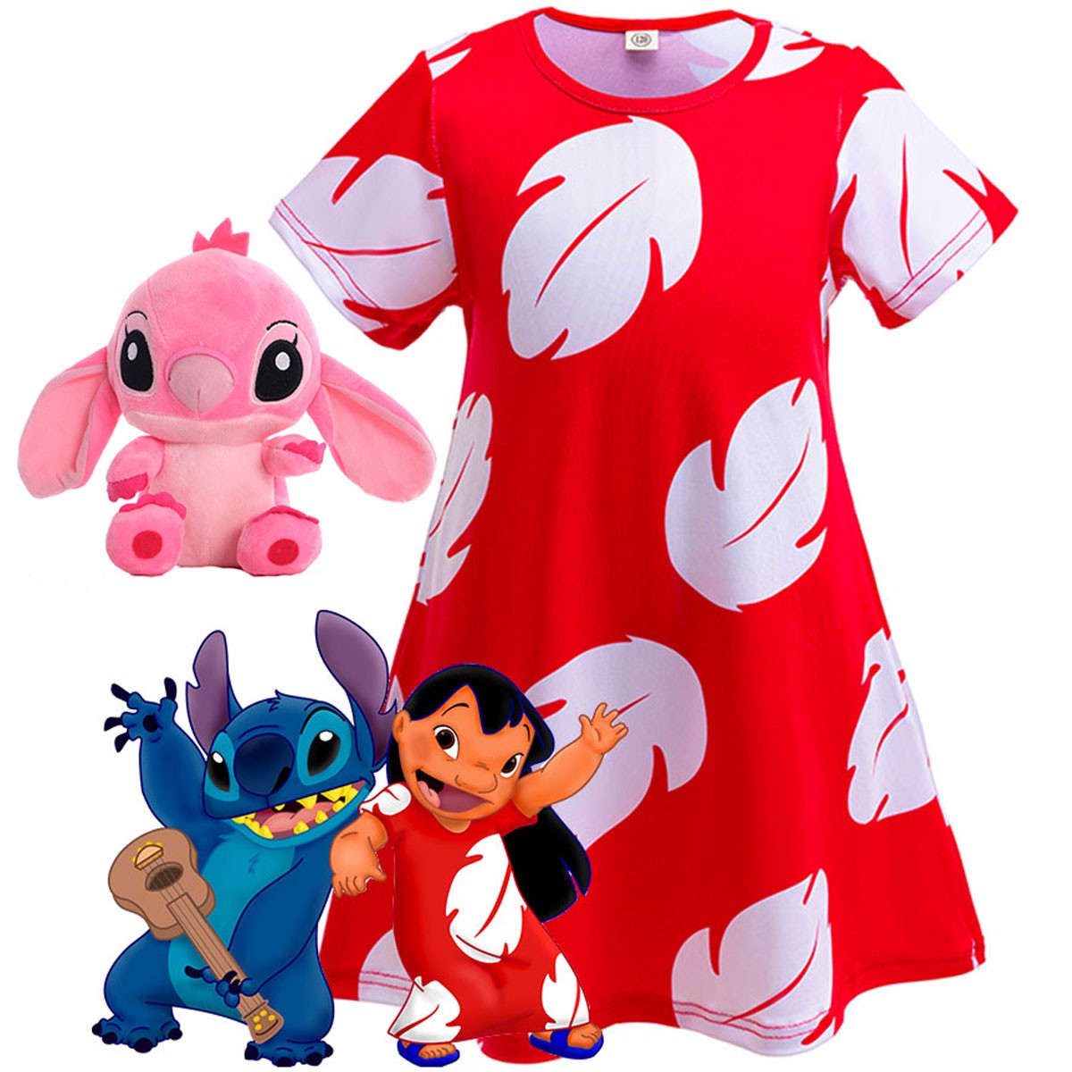 Disney Lilo Costume Girl Cosplay Red Dress Short Sleeve Pajamas Hawaiian Printed Dress Summer Beach Outfit + Stitch Doll Set