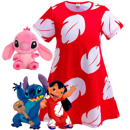 Disney Lilo Costume Girl Cosplay Red Dress Short Sleeve Pajamas Hawaiian Printed Dress Summer Beach Outfit + Stitch Doll Set