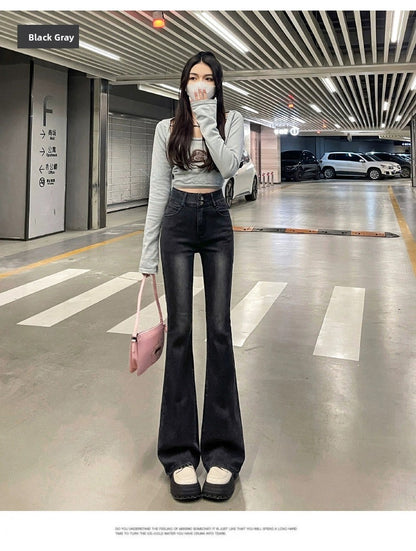 High Waist Fce Lined Thiened Autumn Winter American Bla ey Micro Flared Jeans Women Slimming Legging  Hoof Pants