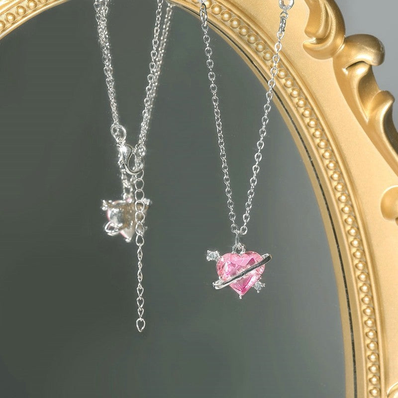 Colar de Coração de Zircônia Rosa Planeta da Moda Colar de Corrente de Clavícula Estética Feminina Presente de Dia dos Namorados Joias de Festa