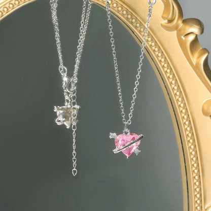 Colar de Coração de Zircônia Rosa Planeta da Moda Colar de Corrente de Clavícula Estética Feminina Presente de Dia dos Namorados Joias de Festa