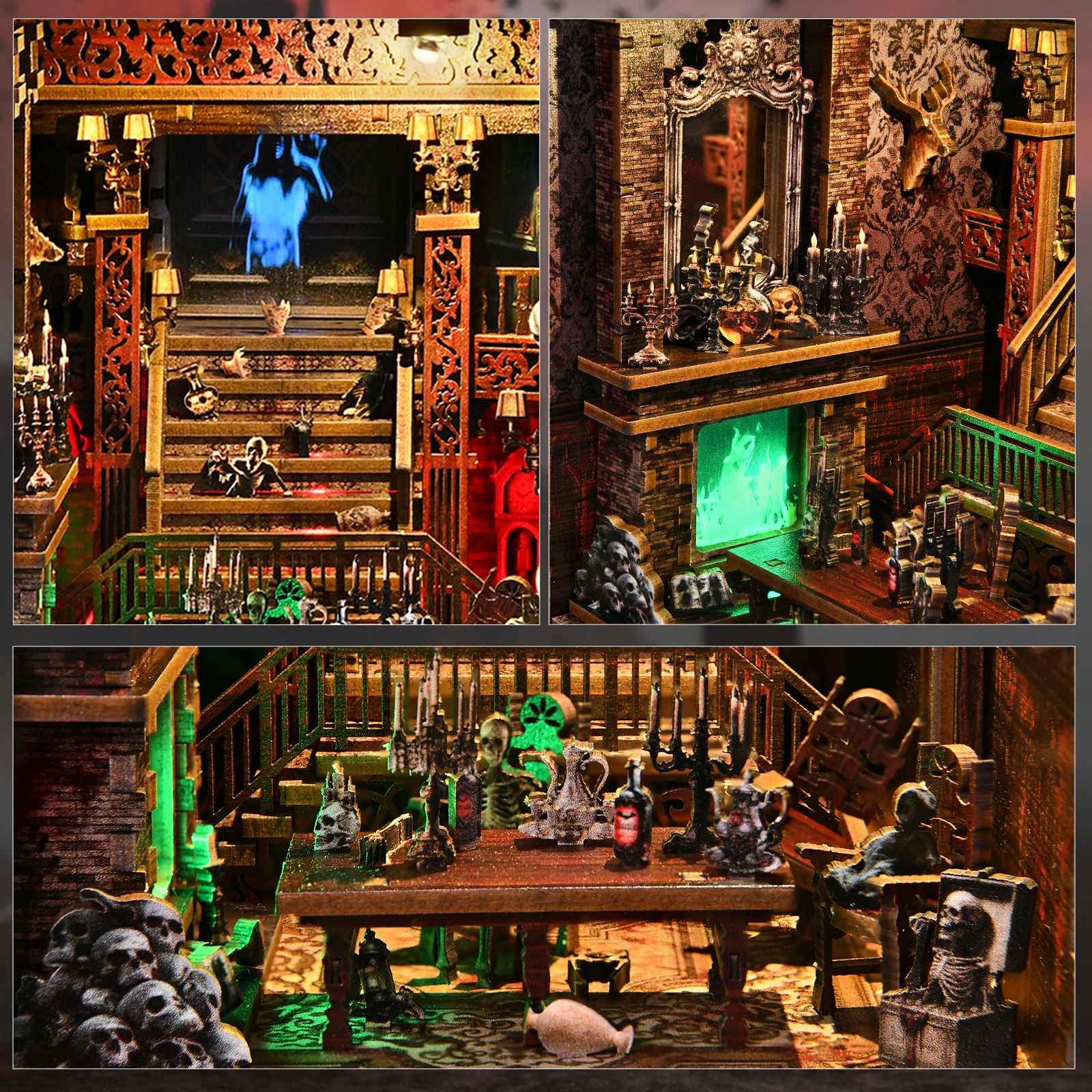 DIY Book Nook Kit Hotel of Terror Wooden Bookshop Dollhouse with Light Dynamic Video Bookshelf Insert 3D Puzzle Decor for Gift