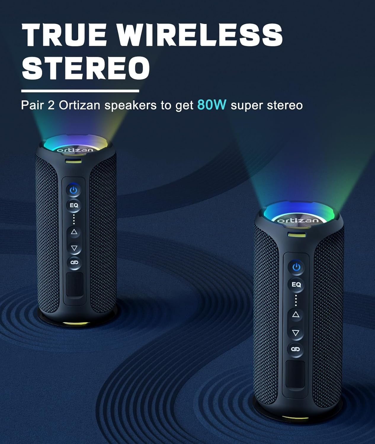 Caixas de Som Bluetooth Ortizan 40W Som Alto Portátil Estéreo Sem Fio IPX7 À Prova d'Água Pareamento Duplo Graves Profundos Caixa de Música LED