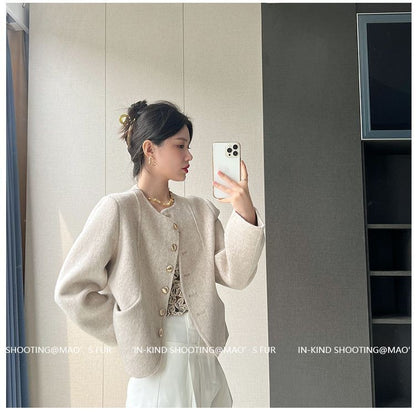 Women's New Round Neck Single-breasted Double-sided Tweed Coat Fashionable Casual and Versatile Elegant Top