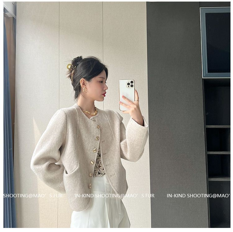 Women's New Round Neck Single-breasted Double-sided Tweed Coat Fashionable Casual and Versatile Elegant Top