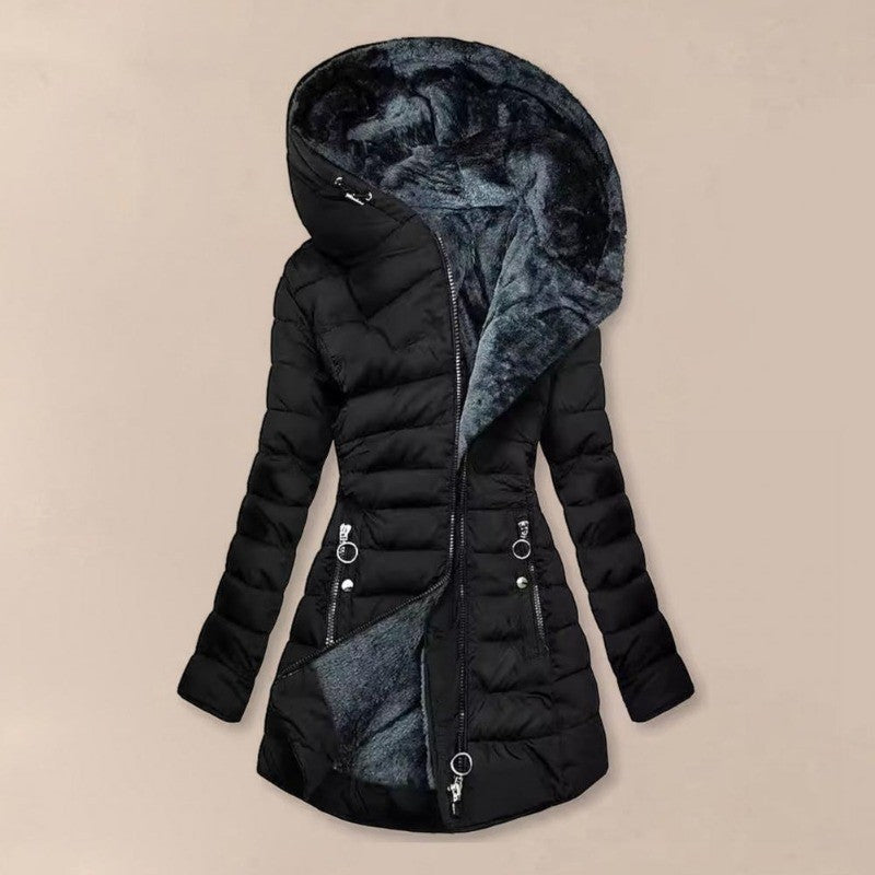 Long Sleeve Coat Solid Women's Winter Jacket with Plush Lining Hooded Outerwear Warm Windproof Down Coat for Cold Weather