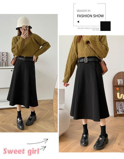 Plus Size Woolen Skirt Women 2024 Autumn Winter New Arrivals High Waist A Line Skirt With Belt Korean Fashon Skirts Womens