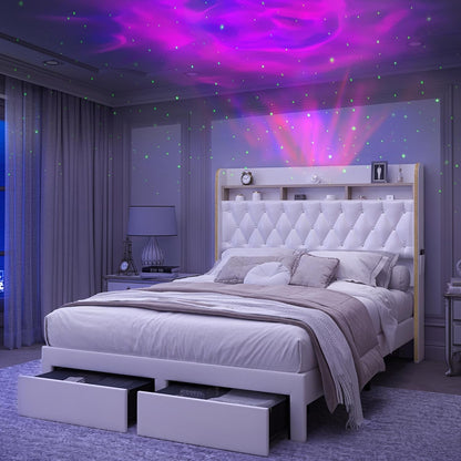 Cama Queen LED com 2 Gavetas de Armazenamento, Plataformas Estofadas em PU com Projetor Estrelas Galáxia Estação de Carregamento e Alto-falante, Au