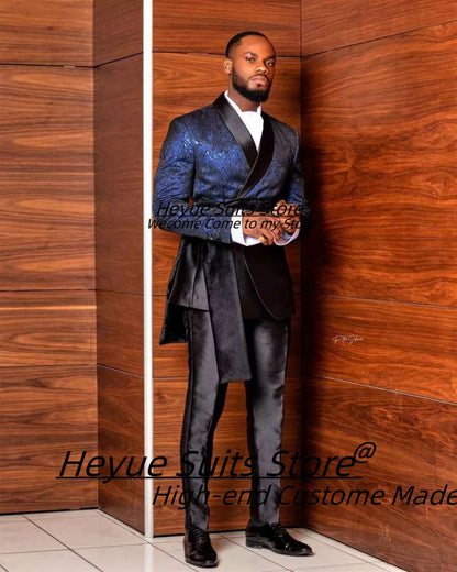 Customized Black Jacquard Shawl Lapel Jacket Pant Cape Groom Wedding Tuxedos Luxuly Male Prom Party Blazers Handsome Ropa Hombre