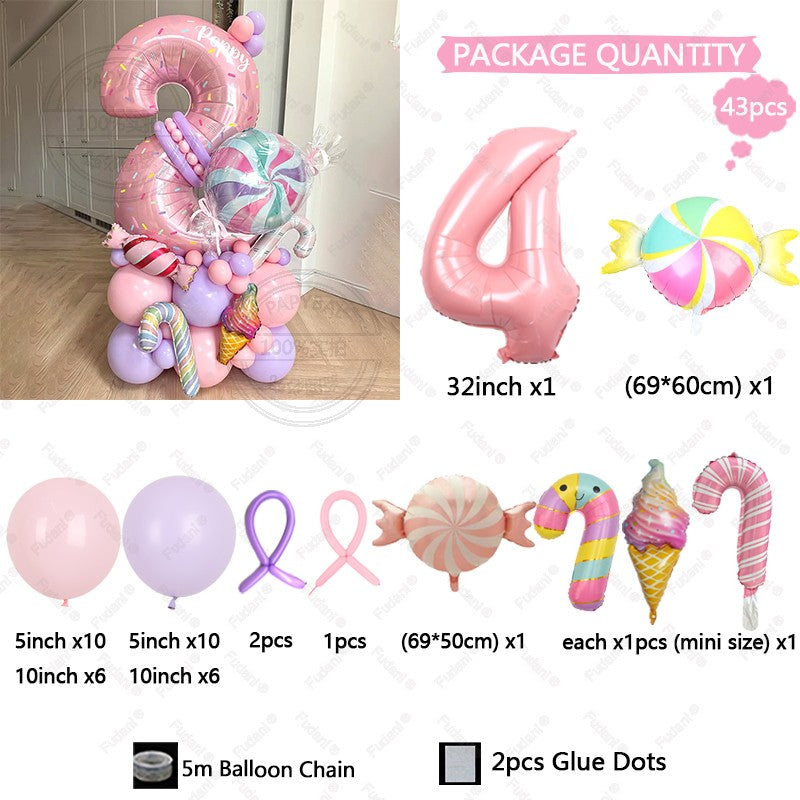 Sweet Pink Lollipop Theme Balloon Column with 32inch Number IcecreamHappy Birthday Party Decora Gifts Supplies