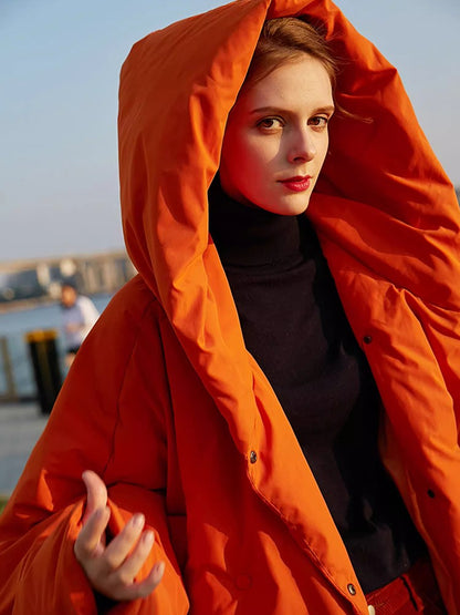 Winter New Hooded Long Sleeve Warm Coats Women's Parkas Fashion Tide Loose Fluffy Orange Red Oversized Down Jacket