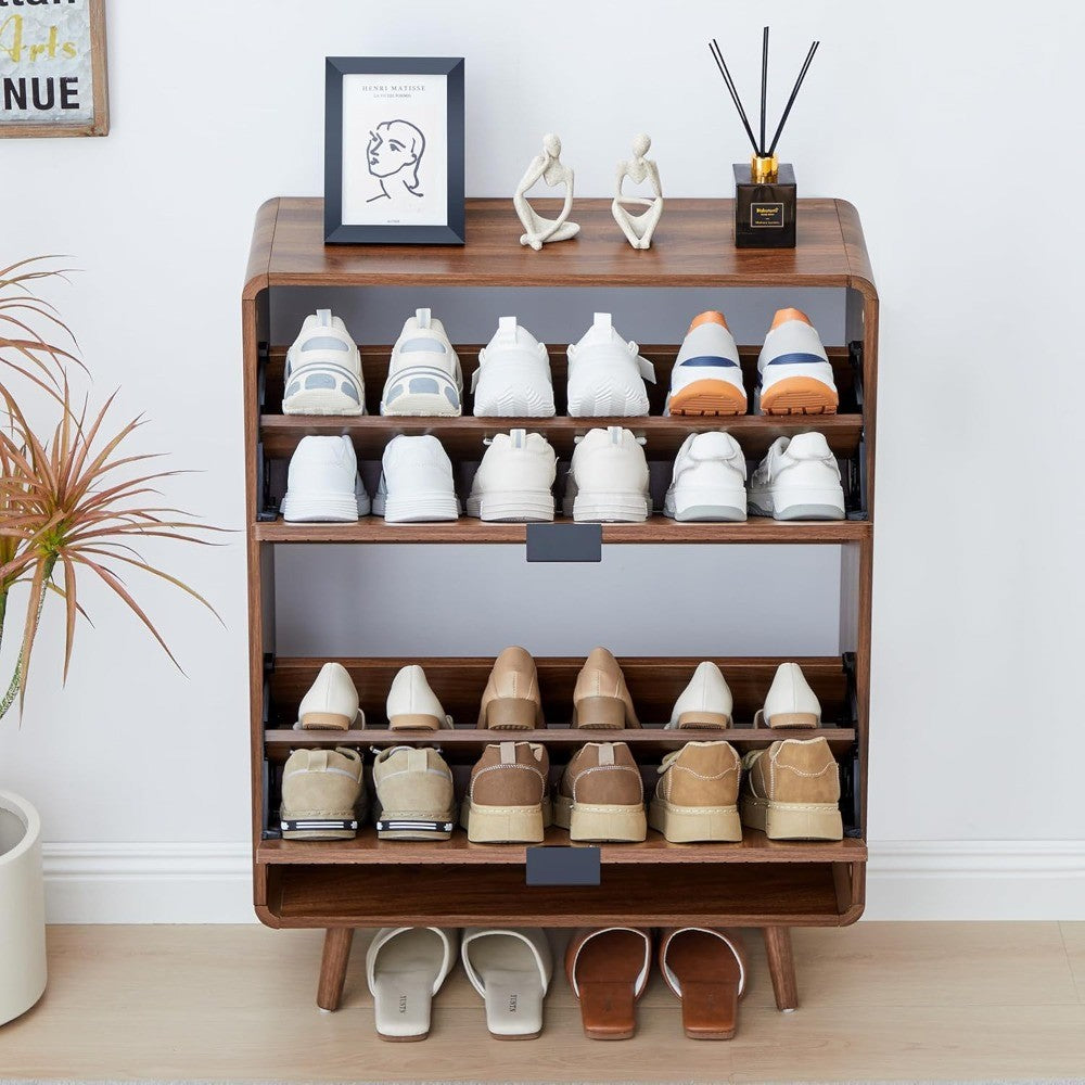 Slim Walnut Shoe Cabinet with Fluted Design and Dual Flip Drawers for Entryway Storage