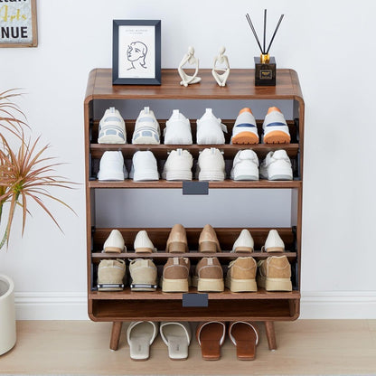 Slim Walnut Shoe Cabinet with Fluted Design and Dual Flip Drawers for Entryway Storage