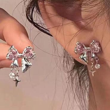 Fashion Fairy Pink Crystal Bow Knot Pendant Necklaces Y2K Girls Sweet Rhinestone Heart Clavicle Chain Women Jewelry Gifts