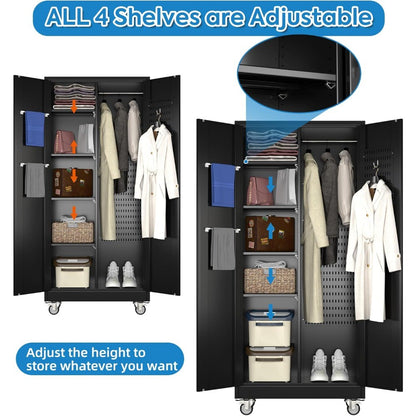 Garage Storage Cabinet with Wheels, Broom Closet Storage Cabinet with Pegboards and Adjustable Shelves, Metal Tool Cabinet