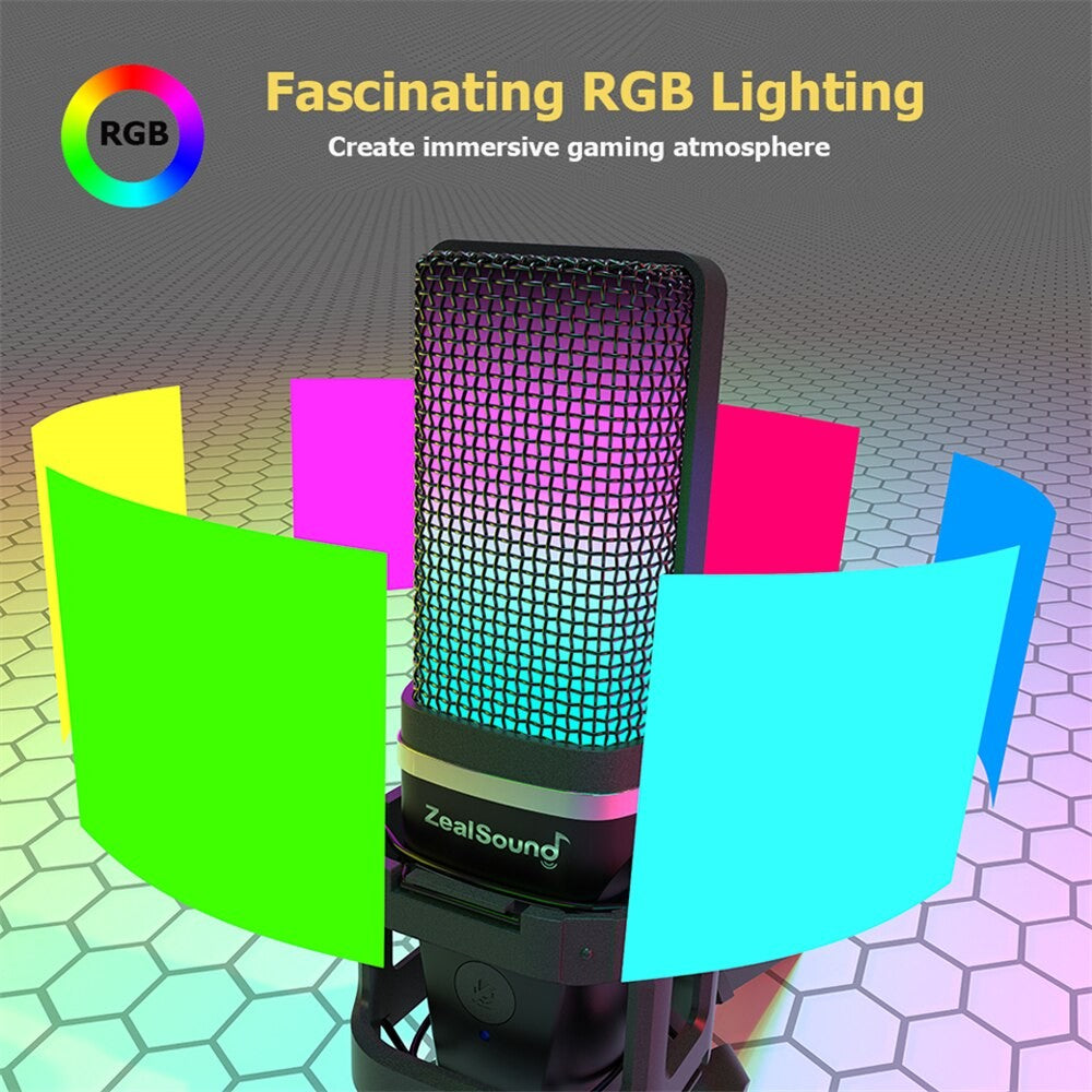 Microfone para Gravação RGB Zealsound com Braço Articulado/Microfone Condensador USB com Tripé para Jogos, Podcast, Streaming e Youtube