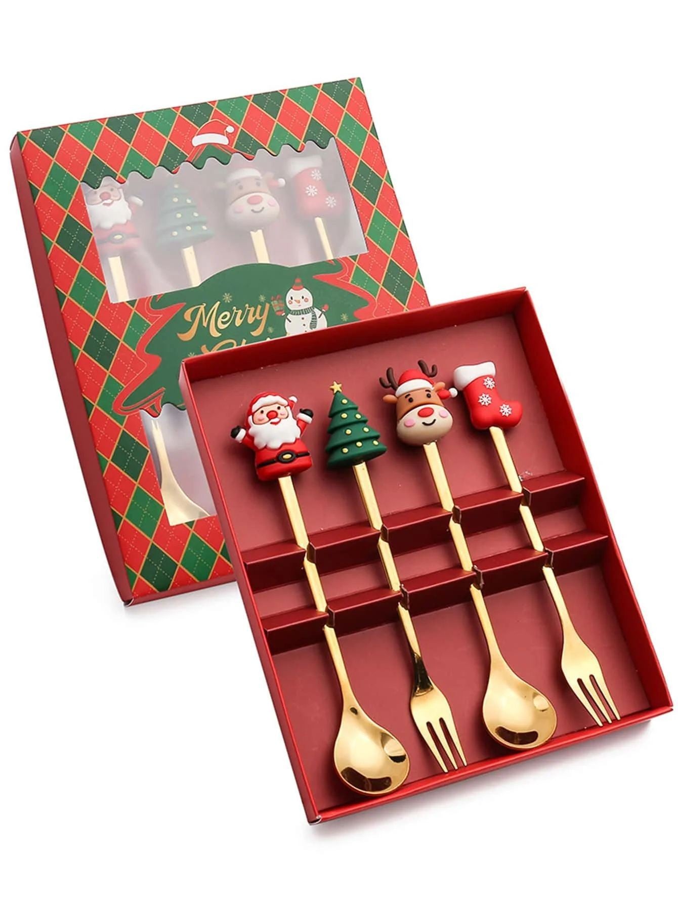 Conjunto de Talheres com Tema Natalino Aço Inoxidável Faca Garfo Colher com Desenho Animado Criativo Conjunto de 2/4/6 Peças Presente de Fim de Ano Decoração de Talheres