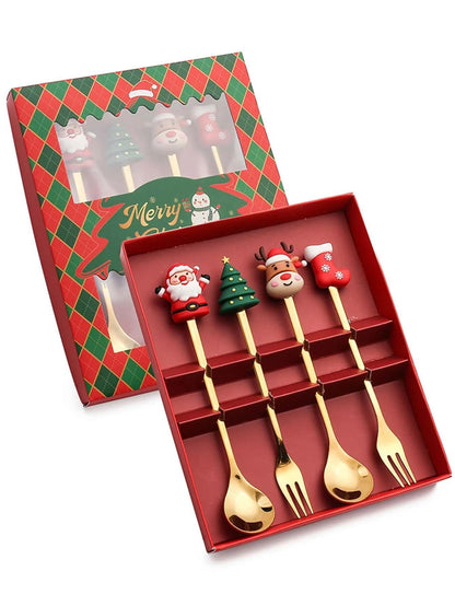 Conjunto de Talheres com Tema Natalino Aço Inoxidável Faca Garfo Colher com Desenho Animado Criativo Conjunto de 2/4/6 Peças Presente de Fim de Ano Decoração de Talheres
