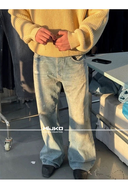 MIJKO Tie Dye Splatter Paint Denim Jeans Men's Loose Wide Leg Jeans American TJ131