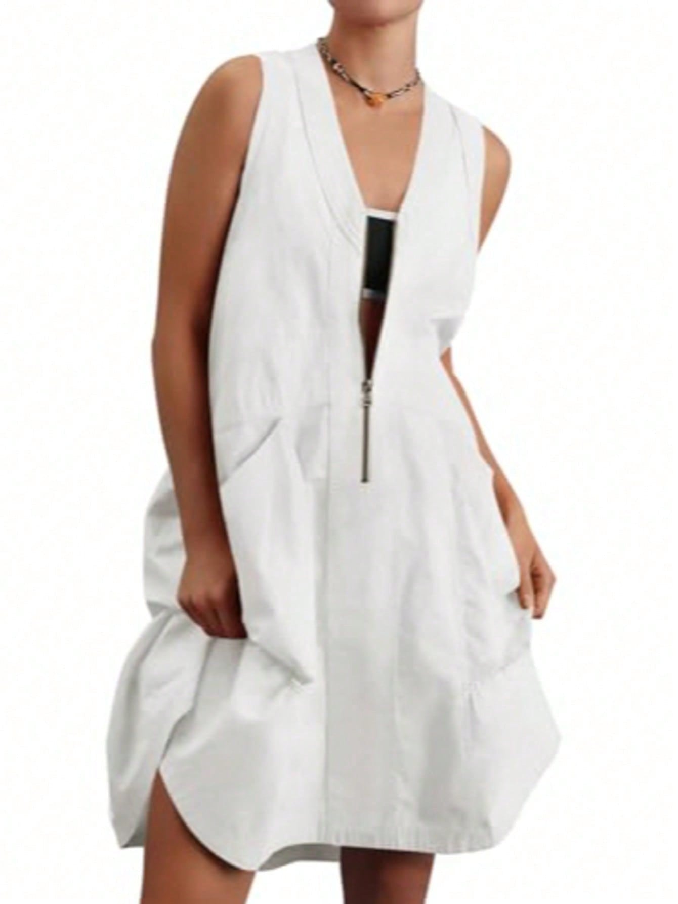 Fisoew Women's Sleeveless Mini Dress Half Zip V Neck Casual Mesh Back Summer Dress with Pockets sexy dress