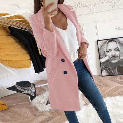 2024 European and American New Solid Color Lapel Mid length Button Woolen Coat for Women