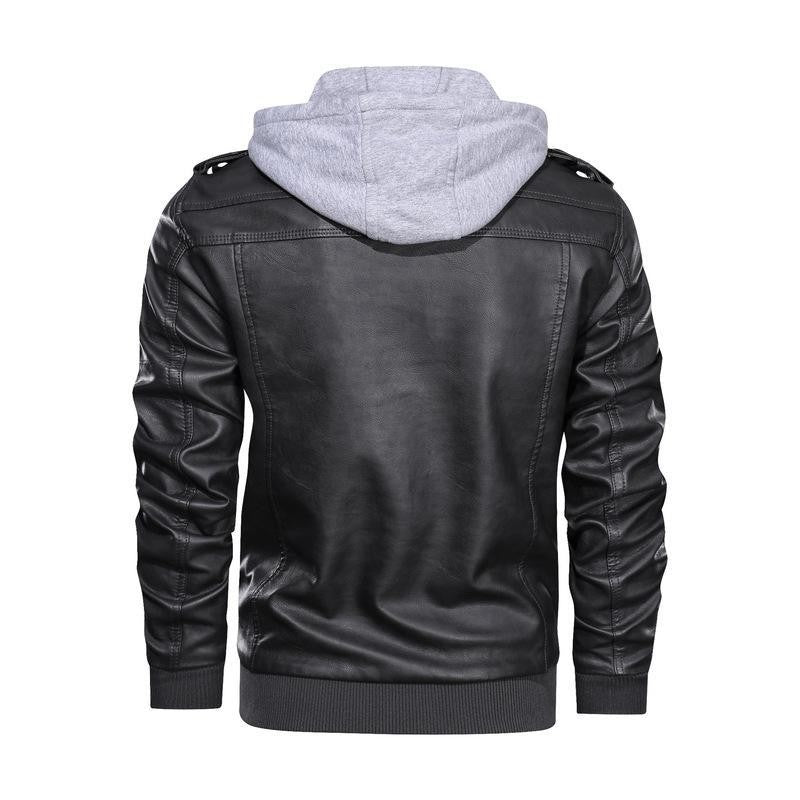 Spring Autumn Motorcycle Leather Jacket For Men Slim Fit Zipper Retro PU Coat Casual Fake Two Piece Hooded Leather Jacket