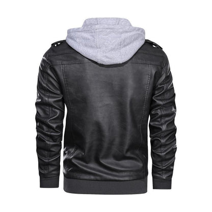 Spring Autumn Motorcycle Leather Jacket For Men Slim Fit Zipper Retro PU Coat Casual Fake Two Piece Hooded Leather Jacket