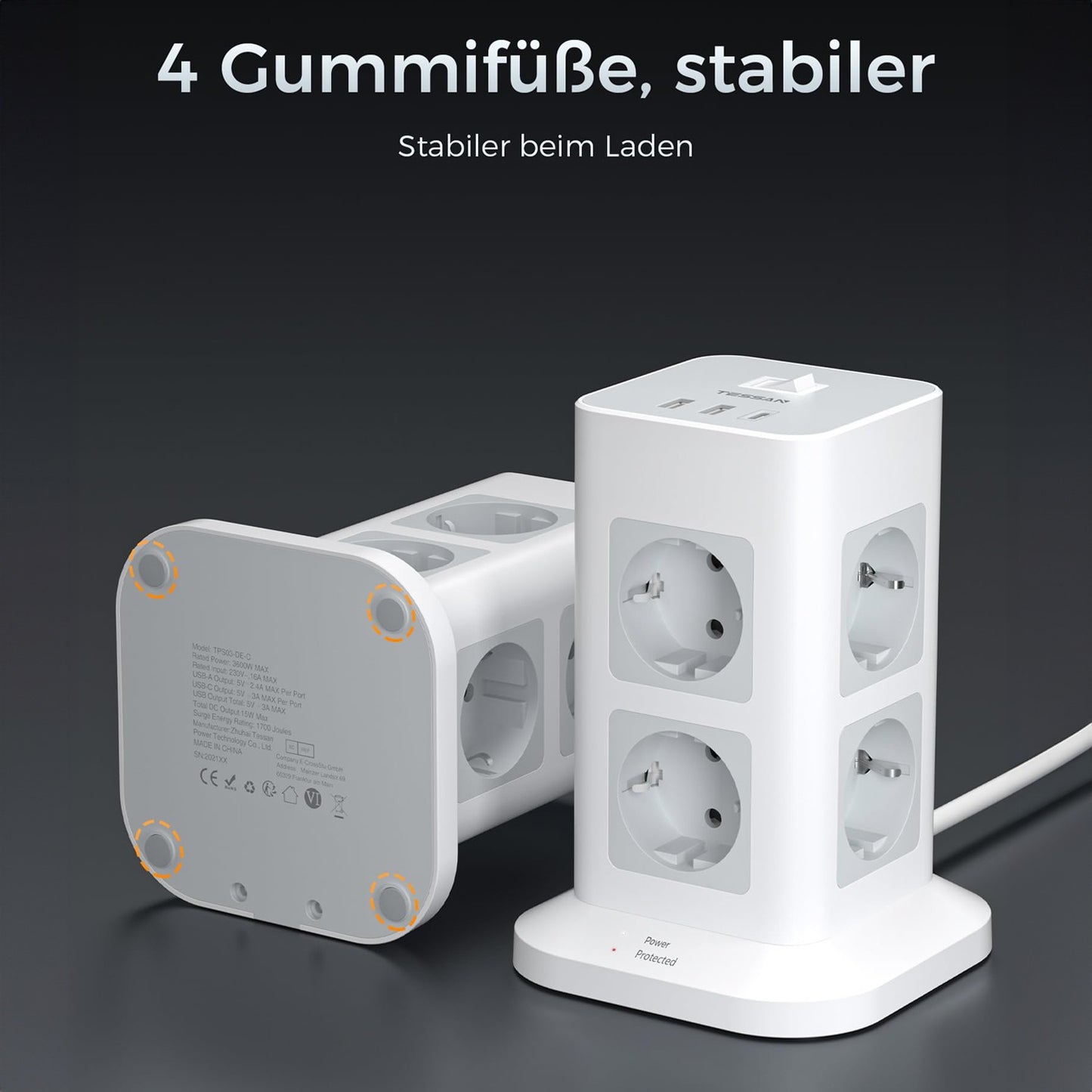 TESSAN Tower Power Strip Multi Outlets with USB A +1 Type C 2M Extension Cable EU Plug Vertical Electric Socket Surge Protection