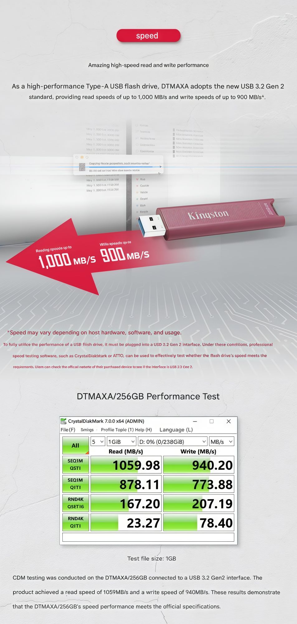 Pen drive Kingston SSD USB 3.2, transferência de alta velocidade, grande capacidade. [USB 3.2] Velocidade de leitura 1000 MB/s, velocidade de gravação 900 MB/s.