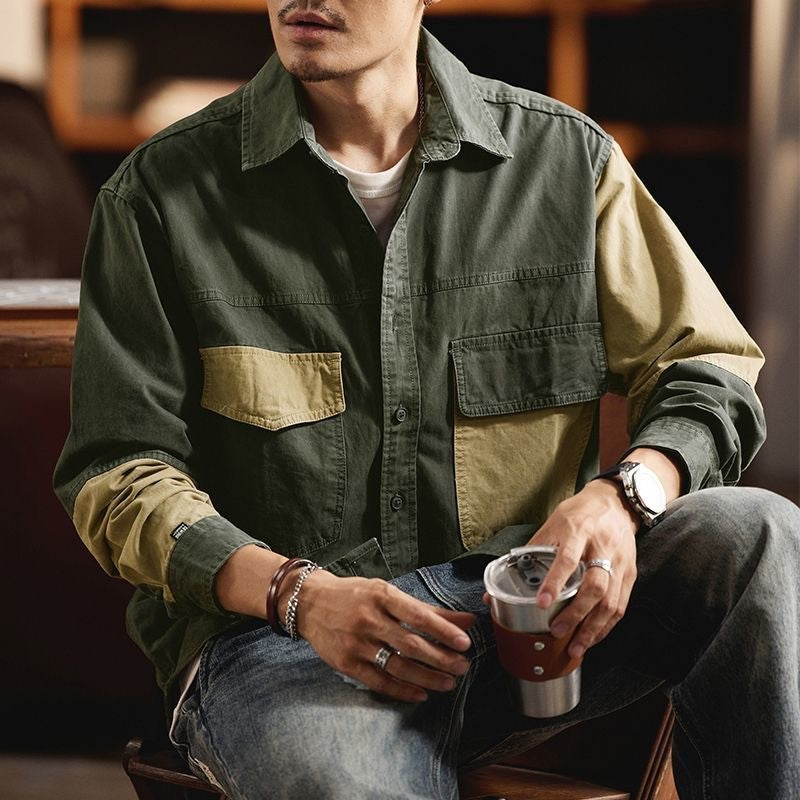 Vintage Heavy Weight Carbon Grinding Patchwork Shirts Mens Spring Autumn Trendy Long Sleeves Cargo Shirt Streetwear Casual Tops