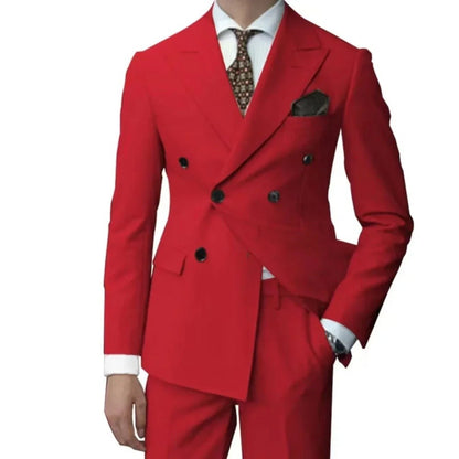 Red Double Breasted Men's Suits Four-buttons 2 Piece Set Blazer Pant Custom Made Wedding Tuxedos Male Prom Party Suits