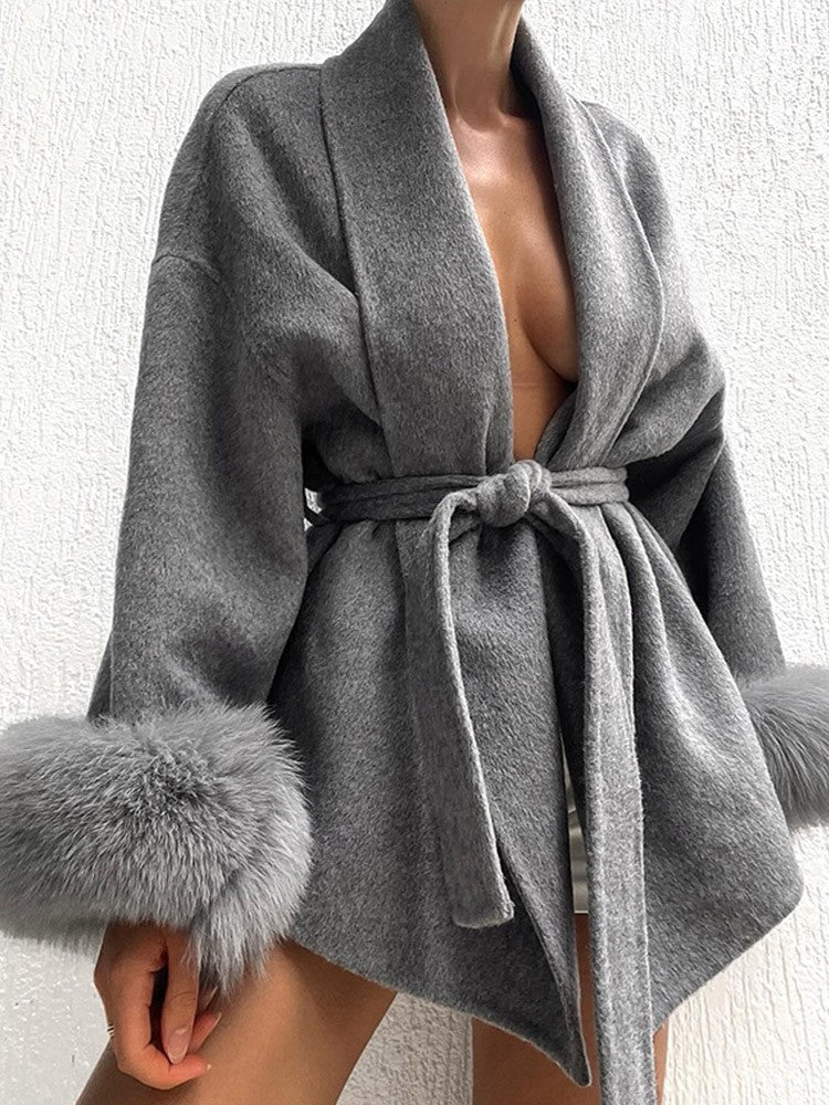 Casacos Curtos de Lã Elegantes com Cadarço Sólido Lapela Solta Cinto Peludo Manga Longa Jaqueta Feminina 2025 Outono Inverno Lady Chique Cardigãs