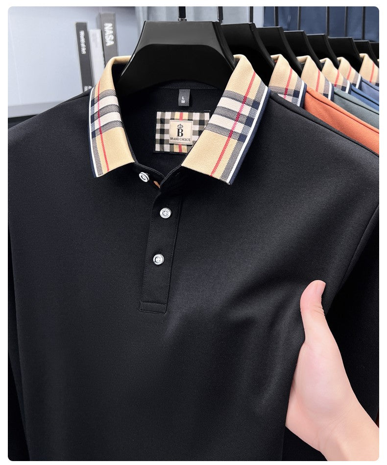 Luxury brand long sleeve polo shirt men comfortable casual autumn item silk cotton high-end Korean fashion plaid lapel T-shirt