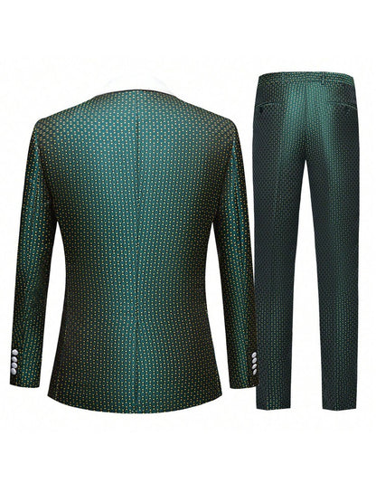 Men's three-piece green jacquard slim-fitting suit set, including paisley pattern suit jacket, vest, and pants, suitable for bal