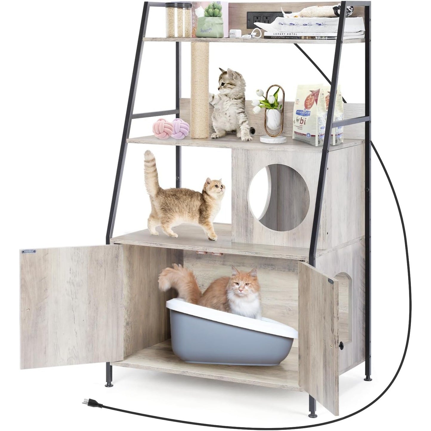 Caixa de Areia para Gatos com Estação de Carregamento e Prateleiras - Móvel Alto Escondido com Ajuste Universal, Armário de Armazenamento (Preto)
